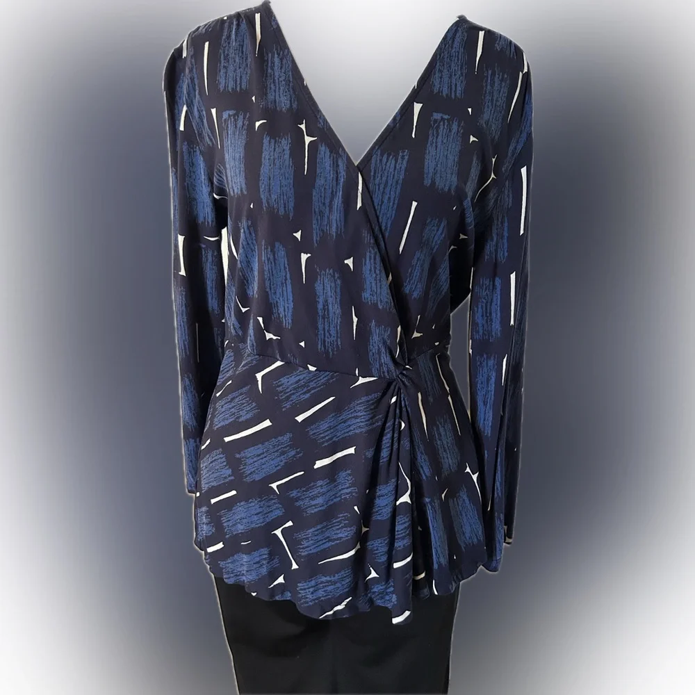 Ann Taylor Elegant Blue Patterned Jersey Knit Blouse with Peplum Gather Waist - Picture 1 of 12